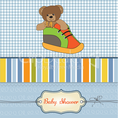 baby shower card with teddy bear hidden in a shoe