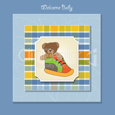 baby shower card with teddy bear hidden in a shoe