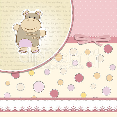 childish baby girl announcement card with hippo toy