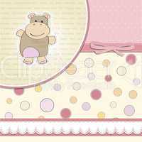 childish baby girl announcement card with hippo toy