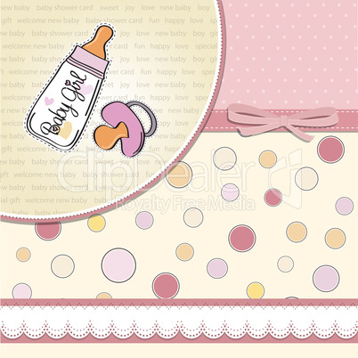 new baby girl announcement card with milk bottle and pacifier