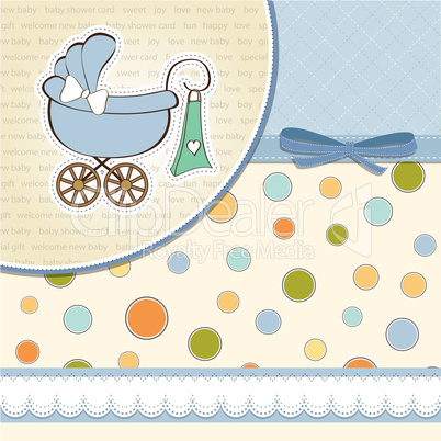 baby boy announcement card with baby and pram