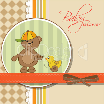 welcome baby card with boy teddy bear and his duck