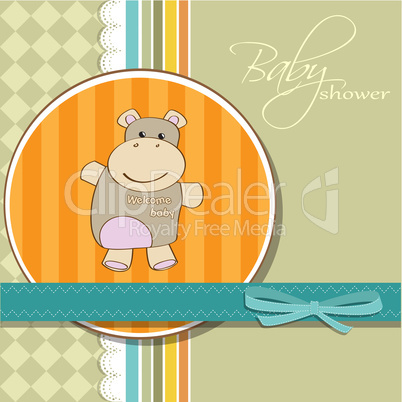 childish baby girl announcement card with hippo toy