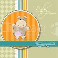 childish baby girl announcement card with hippo toy