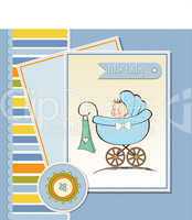 baby boy announcement card with baby and pram