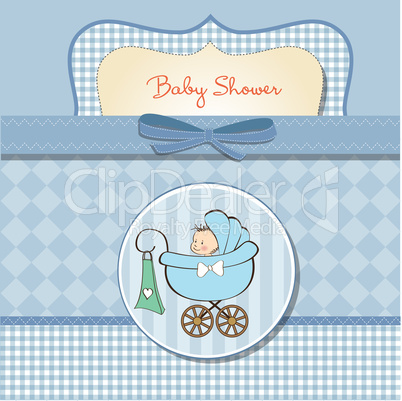 baby boy announcement card with baby and pram