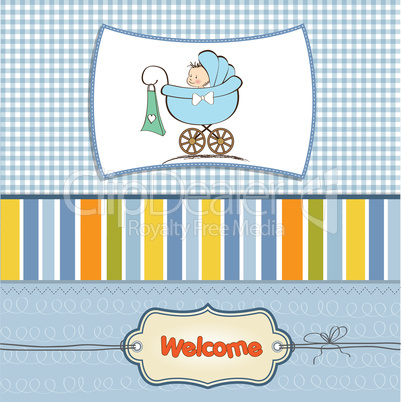 baby boy announcement card with baby and pram