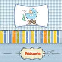 baby boy announcement card with baby and pram