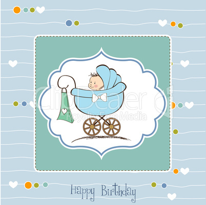 baby boy announcement card with baby and pram