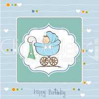 baby boy announcement card with baby and pram