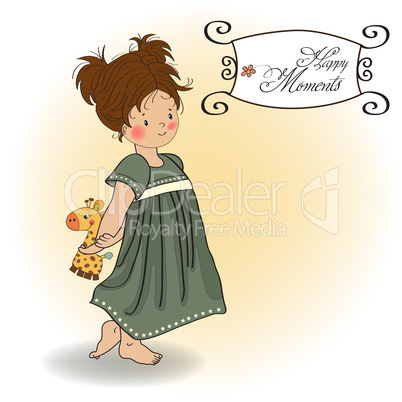 young girl going to bed with her favorite toy, a giraffe