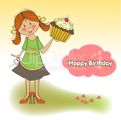 birthday greeting card with girl and big cupcake