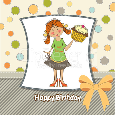 birthday greeting card with girl and big cupcake