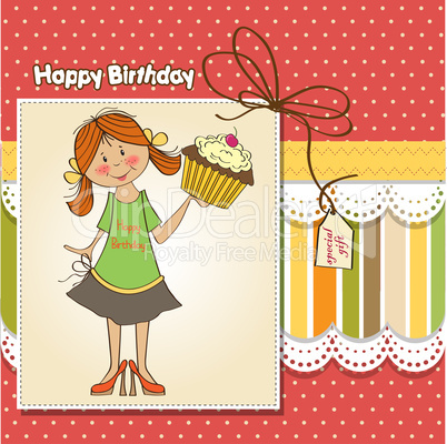 birthday greeting card with girl and big cupcake