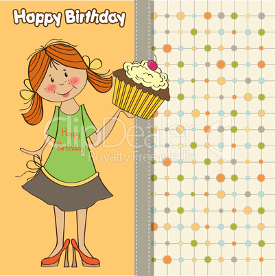 birthday greeting card with girl and big cupcake