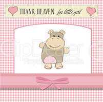 childish baby girl announcement card with hippo toy