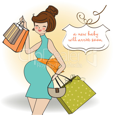 baby announcement card with beautiful pregnant woman on shopping