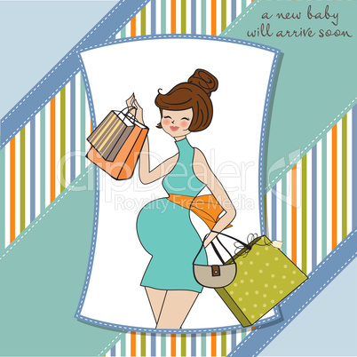 baby announcement card with beautiful pregnant woman on shopping