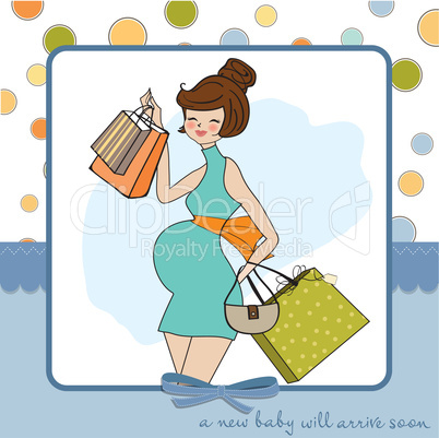 baby announcement card with beautiful pregnant woman on shopping