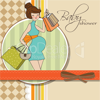 baby announcement card with beautiful pregnant woman on shopping