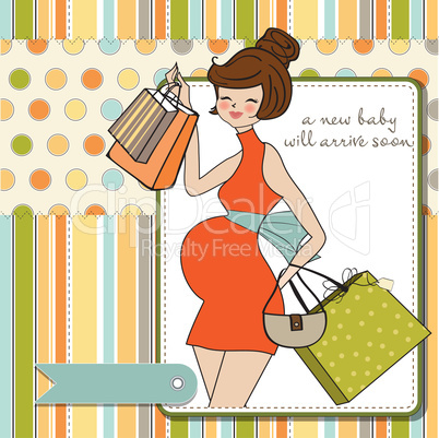 baby announcement card with beautiful pregnant woman on shopping