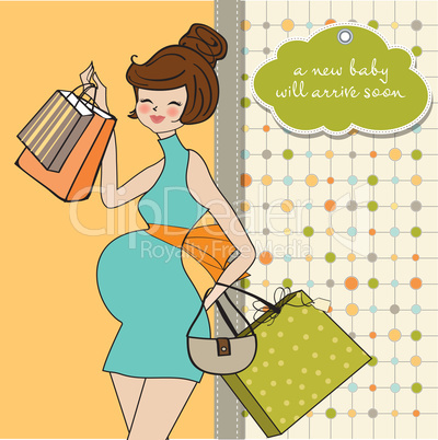 baby announcement card with beautiful pregnant woman on shopping