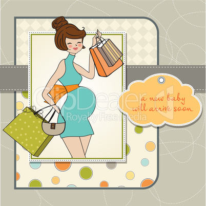 baby announcement card with beautiful pregnant woman on shopping