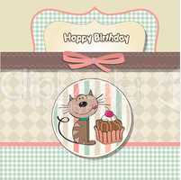 birthday greeting card with a cat waiting to eat a cake