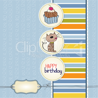 birthday greeting card with a cat waiting to eat a cake