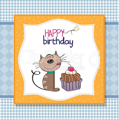 birthday greeting card with a cat waiting to eat a cake
