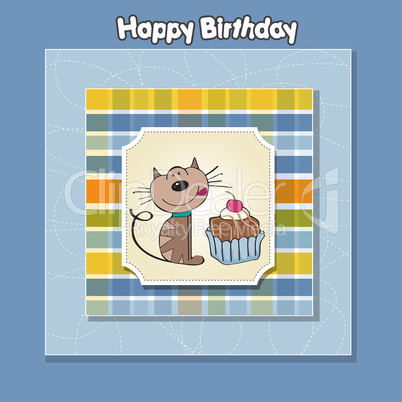 birthday greeting card with a cat waiting to eat a cake