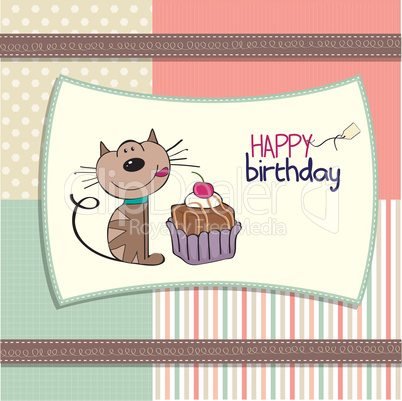 birthday greeting card with a cat waiting to eat a cake