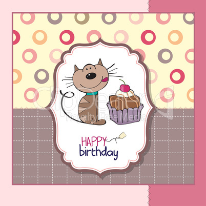 birthday greeting card with a cat waiting to eat a cake