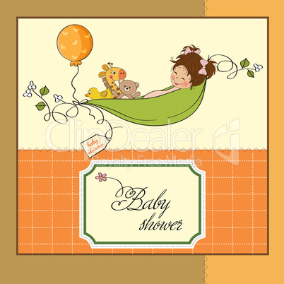 little girl siting in a pea been. baby announcement card