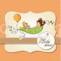 little girl siting in a pea been. baby announcement card