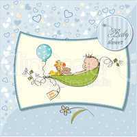 little boy sleeping in a pea been, baby announcement card