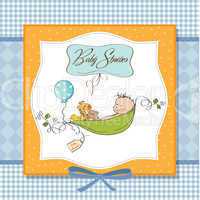 little boy sleeping in a pea been, baby announcement card