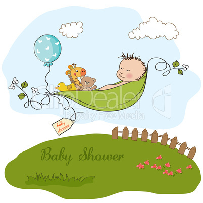 little boy sleeping in a pea been, baby announcement card