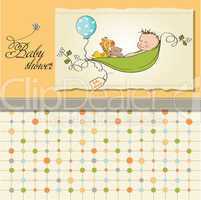 little boy sleeping in a pea been, baby announcement card