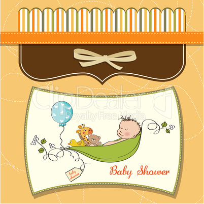 little boy sleeping in a pea been, baby announcement card