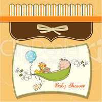 little boy sleeping in a pea been, baby announcement card