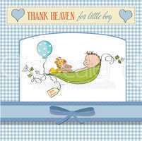 little boy sleeping in a pea been, baby announcement card