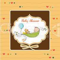 little boy sleeping in a pea been, baby announcement card