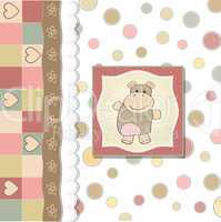 childish baby girl announcement card with hippo toy