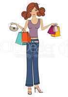 young girls at shopping, vector illustration isolated on white b