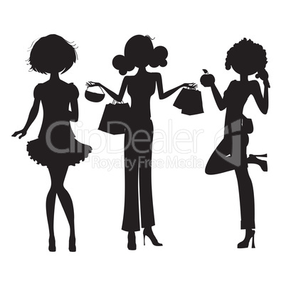 silhouette of three cute fashion girls isolated on white backgro