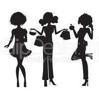 silhouette of three cute fashion girls isolated on white backgro