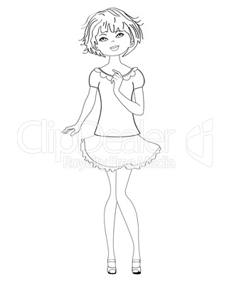 pretty young woman, black and white vector illustration isolated