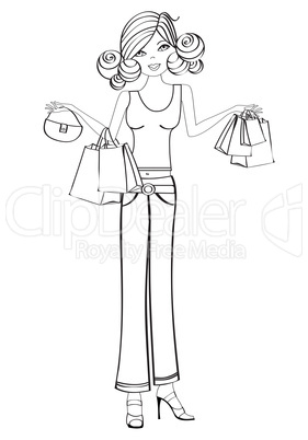 young girls at shopping, black and white vector illustration iso
